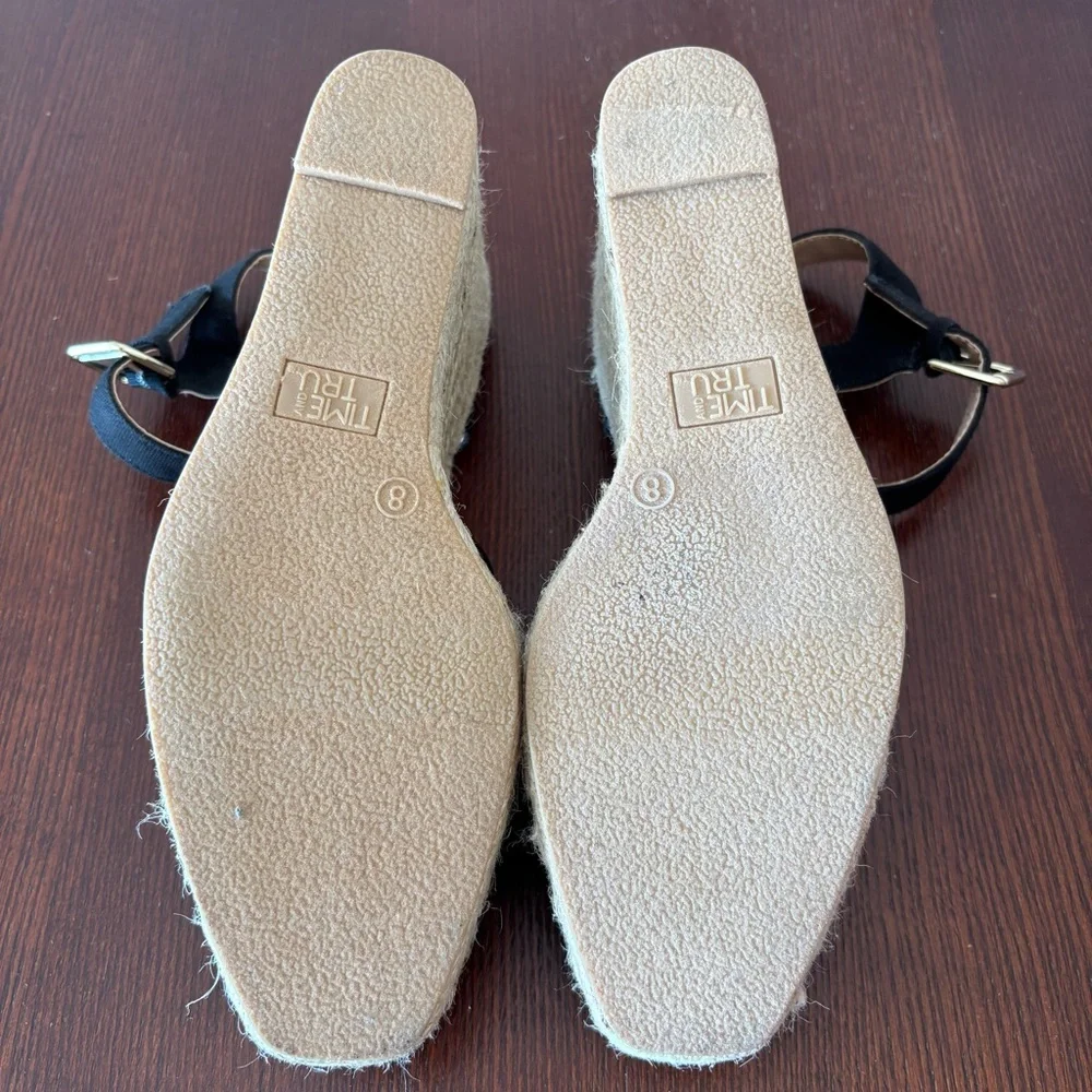 Time And Tru Women's Square Toe Black Espadrille Wedge Heels Size 8